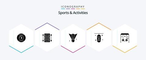 Sports and Activities 25 Glyph icon pack including punching box. boxing bag. game. sports equipment. feather shuttlecock vector