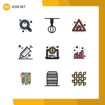 conjunto de 9 colores planos de línea de relleno de vector en cuadrícula para elementos de diseño de vector editables de color de diseño de alerta de selector de dólar