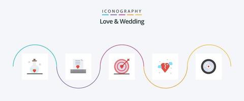 Paquete de 5 iconos planos de amor y boda que incluye corazón. romper. amar. objetivo vector