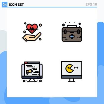 Editable Vector Line Pack of 4 Simple Filledline Flat Colors of hand computer heart first web Editable Vector Design Elements