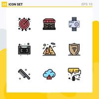 9 Creative Icons Modern Signs and Symbols of mountain music camera cassette photo Editable Vector Design Elements