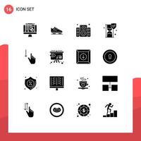 Set of 16 Vector Solid Glyphs on Grid for finger shield music security time glass Editable Vector Design Elements