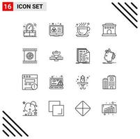 Pictogram Set of 16 Simple Outlines of photographic objective optical lens cafe camera lenses house Editable Vector Design Elements