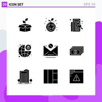 User Interface Pack of 9 Basic Solid Glyphs of security lock globe global protection listing Editable Vector Design Elements