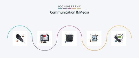 paquete de iconos de 5 planos llenos de línea de comunicación y medios que incluye comunicaciones. burbuja. base de datos. reloj de arena hora vector