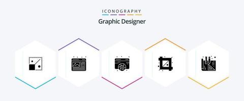 paquete de iconos de 25 glifos de diseñador gráfico que incluye planos. herramienta de diseño diseño. herramienta de recorte web vector