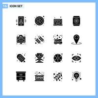 Set of 16 Commercial Solid Glyphs pack for monitor marketing video computer food Editable Vector Design Elements