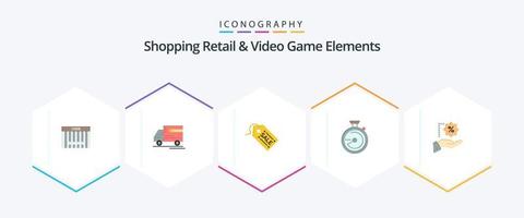 Compras minoristas y elementos de videojuegos Paquete de iconos planos de 25, incluido el porcentaje. ubicación. comercio electrónico navegación. navegar vector