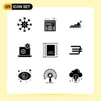 Set of 9 Vector Solid Glyphs on Grid for book setting worldwide gear trovel Editable Vector Design Elements