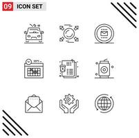 Pack of 9 Modern Outlines Signs and Symbols for Web Print Media such as illness clock envelope design work Editable Vector Design Elements