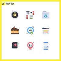 Group of 9 Modern Flat Colors Set for vpn encryption camera food drink Editable Vector Design Elements