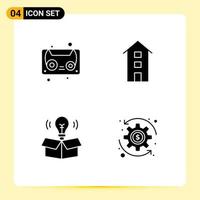 4 Universal Solid Glyph Signs Symbols of audio tape bulb buildings shops light Editable Vector Design Elements