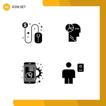 grupo de 4 glifos sólidos modernos establecidos para elementos de diseño vectorial editables de marketing mental de ratón digital de clic vector