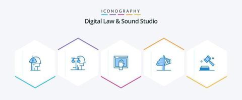 Paquete de 25 iconos azules de estudio de derecho y sonido digital que incluye imaginación. creatividad. juicio. abierto. gratis vector