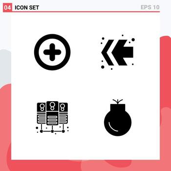 conjunto de glifos sólidos de interfaz móvil de 4 pictogramas del servidor de base de datos de flechas de armas básicas elementos de diseño de vectores editables militares