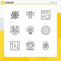 Modern Set of 9 Outlines Pictograph of bulb scale cooking education products Editable Vector Design Elements