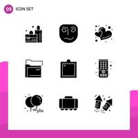 Pack of 9 Modern Solid Glyphs Signs and Symbols for Web Print Media such as interior decor love network folder Editable Vector Design Elements