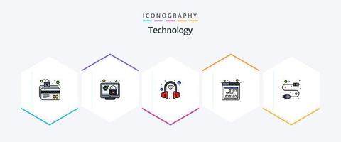 Paquete de íconos de 25 líneas completas de tecnología que incluye cable. interfaz. controlar. código. auriculares inalámbricos vector