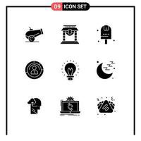 Mobile Interface Solid Glyph Set of 9 Pictograms of user personal food people features Editable Vector Design Elements