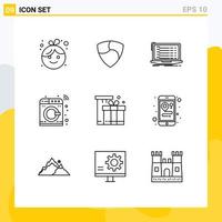 Mobile Interface Outline Set of 9 Pictograms of gift smart api machine laptop Editable Vector Design Elements