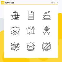 Pictogram Set of 9 Simple Outlines of house party interface balloon wood Editable Vector Design Elements