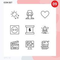 Mobile Interface Outline Set of 9 Pictograms of finance plug love light appliances Editable Vector Design Elements