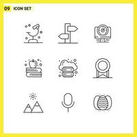 Modern Set of 9 Outlines Pictograph of hosting back to school signpost apple on book location Editable Vector Design Elements