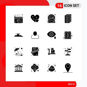 16 conjunto de glifos sólidos universales para aplicaciones web y móviles documento de montaña elementos de diseño de vector editables para pequeñas empresas
