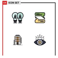 Mobile Interface Filledline Flat Color Set of 4 Pictograms of bulb city pencil messaging hostel Editable Vector Design Elements