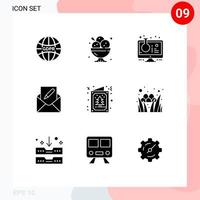 Set of 9 Vector Solid Glyphs on Grid for envelope edit restaurant compose sample tube Editable Vector Design Elements