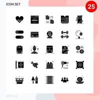 Mobile Interface Solid Glyph Set of 25 Pictograms of ui mobile search drag book apple Editable Vector Design Elements