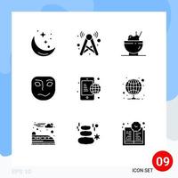 Mobile Interface Solid Glyph Set of 9 Pictograms of business face network emotion rice Editable Vector Design Elements