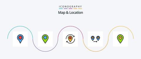 el mapa y la línea de ubicación llenaron el paquete de iconos planos 5 que incluye. marcador. alfiler. mapa. minimizar vector