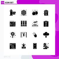 Pack of 16 Modern Solid Glyphs Signs and Symbols for Web Print Media such as guide map bomb lotus clipboard Editable Vector Design Elements