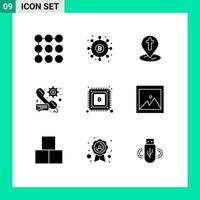 Set of 9 Commercial Solid Glyphs pack for bitcoin setting location preference call Editable Vector Design Elements