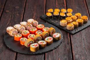 Large sushi set. An assortment of various maki nigiri and rolls seafood soy sauce photo