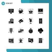 Pictogram Set of 16 Simple Solid Glyphs of building audio selling player tea Editable Vector Design Elements