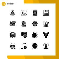 Pack of 16 Modern Solid Glyphs Signs and Symbols for Web Print Media such as financial supermarket agriculture shelf furniture Editable Vector Design Elements