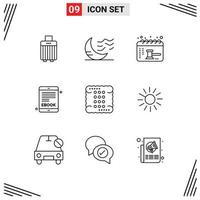 Modern Set of 9 Outlines Pictograph of cooking internet book weather electronic book balance Editable Vector Design Elements