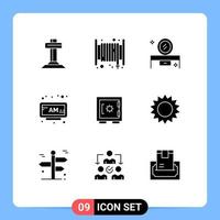 Group of 9 Modern Solid Glyphs Set for lock clock beauty salon mirror am mirror table Editable Vector Design Elements