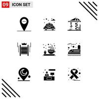 Pack of 9 Modern Solid Glyphs Signs and Symbols for Web Print Media such as railway tea ladder plate business Editable Vector Design Elements