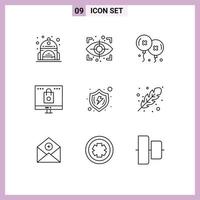 paquete de esquema de 9 símbolos universales de protección segura de cumpleaños y compras de fiestas en línea elementos de diseño de vectores editables