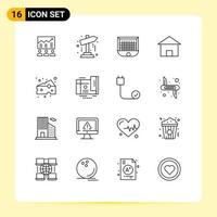 Pack of 16 Modern Outlines Signs and Symbols for Web Print Media such as cottage villa soccer map net gate Editable Vector Design Elements