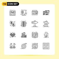 Pack of 16 Modern Outlines Signs and Symbols for Web Print Media such as personal gaming shareholder desktop media Editable Vector Design Elements