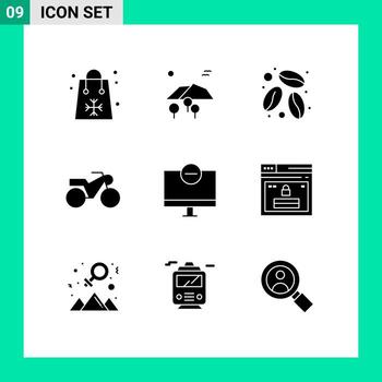 Set of 9 Vector Solid Glyphs on Grid for hardware devices birds computers motorbike Editable Vector Design Elements