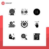 Mobile Interface Solid Glyph Set of 9 Pictograms of basketball money leaf investment stop Editable Vector Design Elements