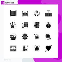 Set of 16 Vector Solid Glyphs on Grid for sunny cloudy cog type keyboard Editable Vector Design Elements