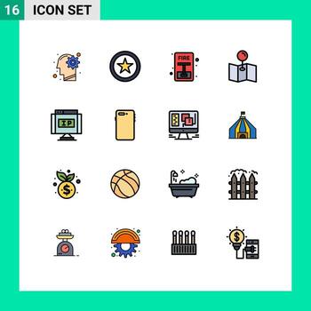 Editable Vector Line Pack of 16 Simple Flat Color Filled Lines of pointer ip emergency internet map Editable Creative Vector Design Elements