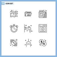 User Interface Pack of 9 Basic Outlines of bath timer currency education alarm Editable Vector Design Elements