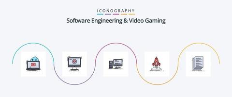 la línea de ingeniería de software y videojuegos llenó el paquete de iconos planos 5 que incluye el servicio de transporte. lanzamiento. descargar. personal. juego de azar vector